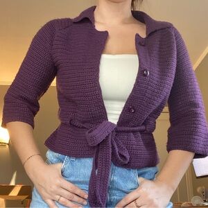 Boston Design Studio Cashmere & Wool Blend Purple Cardigan Knit Sweater w/ Belt